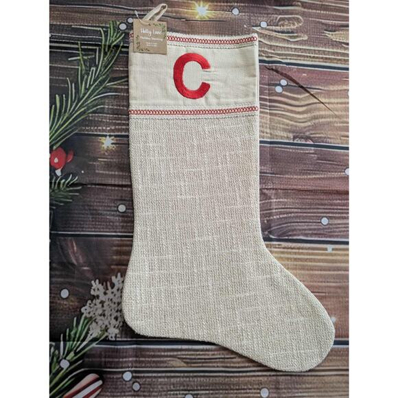 NEW Letter "C" Embroidered Beige Burlap Shimmer Christmas Stocking 20" Holiday - Picture 1 of 10